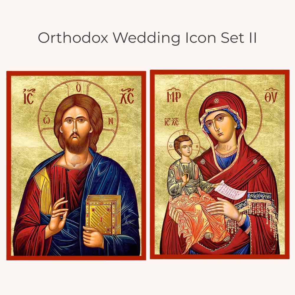 Two Orthodox religious icons of Jesus and the Mother of God on a gold background with text 'Orthodox Wedding Icon Set II'.
