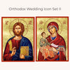 Two Orthodox religious icons of Jesus and the Mother of God on a gold background with text 'Orthodox Wedding Icon Set II'.