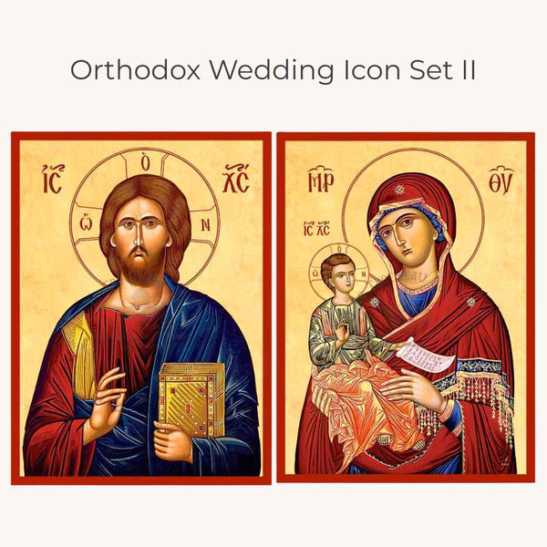 Two Orthodox religious icons of Jesus and the Mother of God on a white background with text 'Orthodox Wedding Icon Set II'.