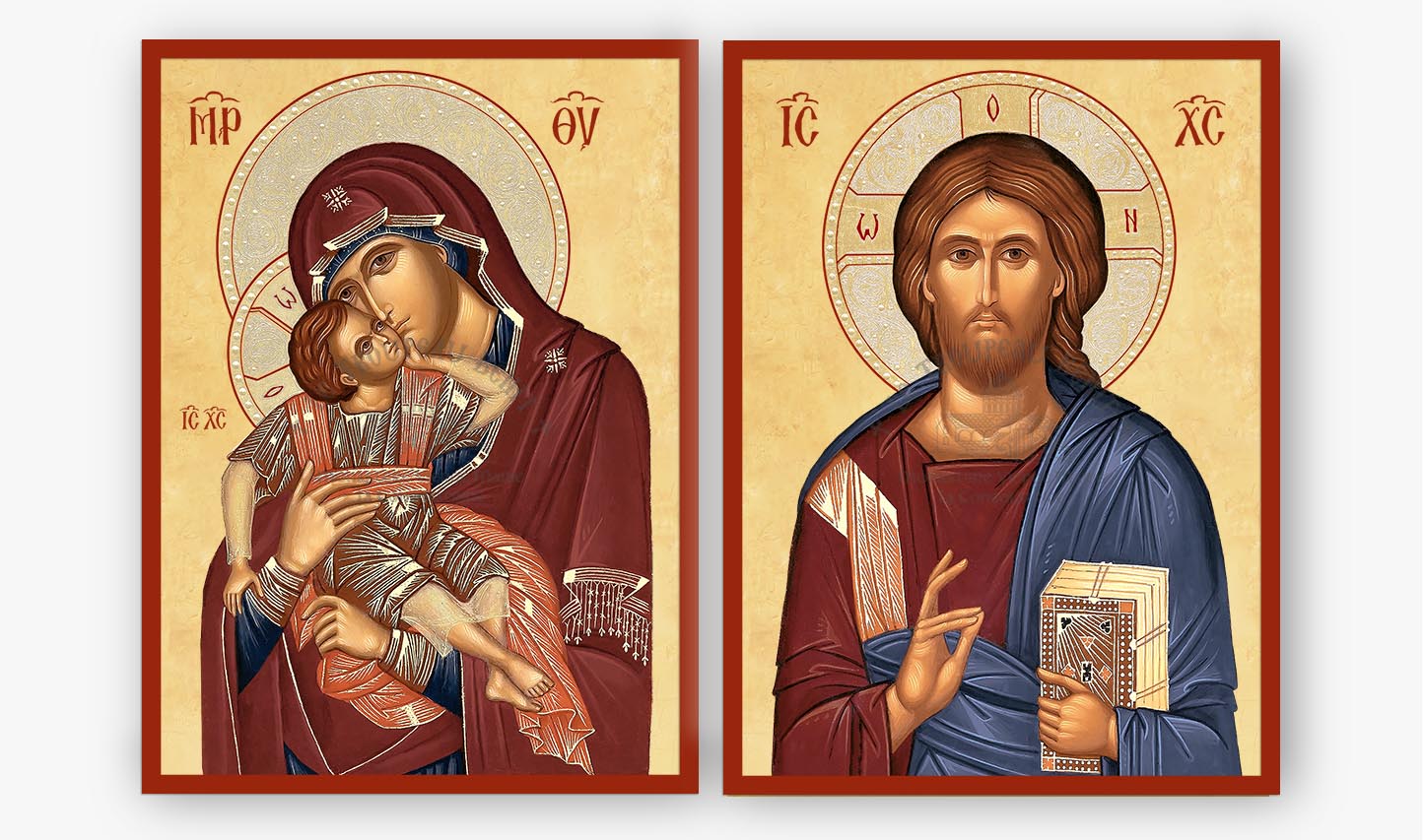 A two-panel religious icon set showing the Virgin Mary holding the infant Jesus on the left and Jesus Christ on the right, rendered in traditional Byzantine-style painting with gold backgrounds and red-brown robes.