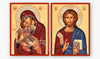 A two-panel religious icon set showing the Virgin Mary holding the infant Jesus on the left and Jesus Christ on the right, rendered in traditional Byzantine-style painting with gold backgrounds and red-brown robes.
