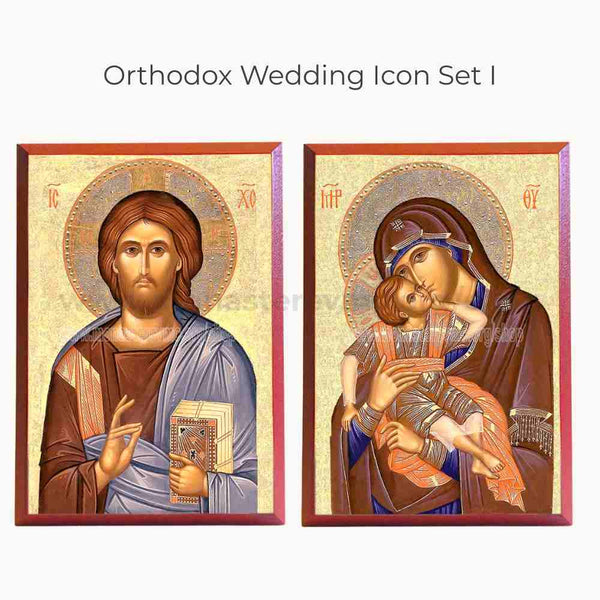 Two Orthodox religious icons of Jesus and the Virgin Mary on a white background.