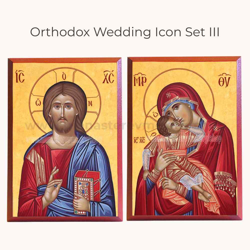 Two Orthodox religious icons of Jesus and the Virgin Mary on a white background.