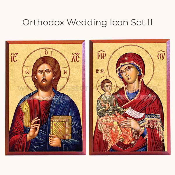 Two Orthodox religious icons of Jesus and the Mother of God holding Jesus on a white background.