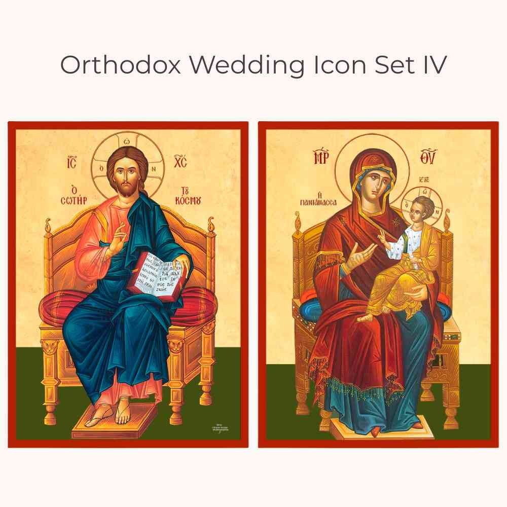Two icons from Orthodox Wedding Icon Set IV featuring a seated figure of the Theotokos holding Christ and Christ holding the Gospel.