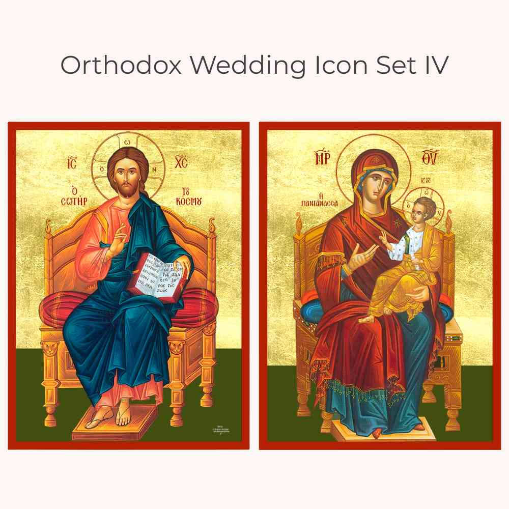 Two icons from Orthodox Wedding Icon Set IV featuring a seated figure of the Theotokos holding Christ and Christ holding the Gospel.