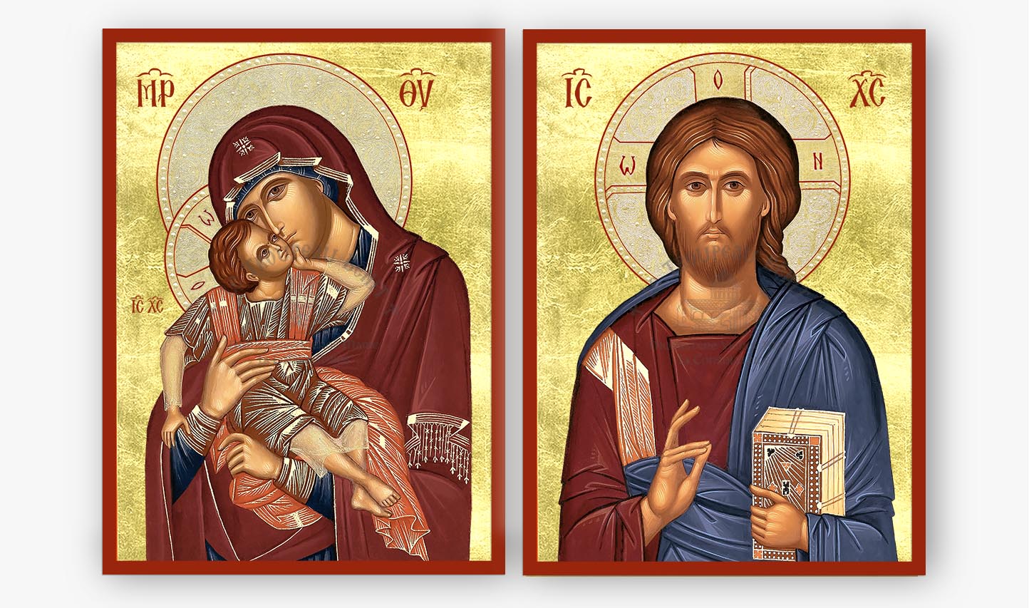 A two-panel religious icon set featuring a depiction of the Virgin Mary holding the infant Jesus on the left, and Jesus Christ with a book on the right, both on a gold background with red borders.