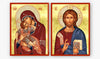 A two-panel religious icon set featuring a depiction of the Virgin Mary holding the infant Jesus on the left, and Jesus Christ with a book on the right, both on a gold background with red borders.