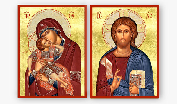 A two-panel religious icon set featuring a depiction of the Virgin Mary holding the infant Jesus on the left, and Jesus Christ with a book on the right, both on a gold background with red borders.