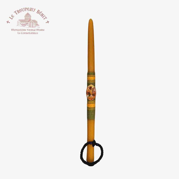 Decorative candlestick with Palm Sunday Orthodox Icon - Entry of Jesus in Jerusalem icon - design on a white background, featuring the Le Troupeau Benit logo.