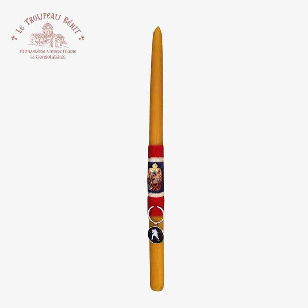 Decorative Paschal candle with Resurrection Orthodox Icon on a white background, featuring Le Troupeau Benit logo.