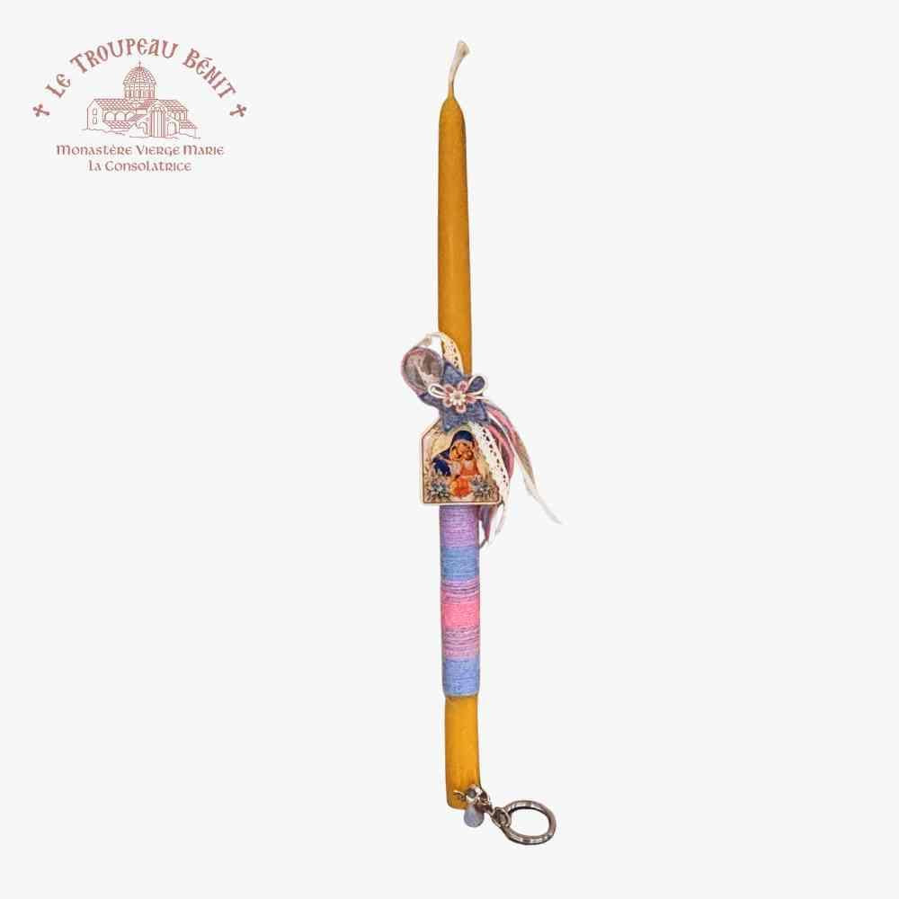 Decorative candle with colorful holder and keychain attachment on a white background with 