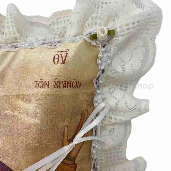 Orthodox ring bearer pillow with Mother of God icon – elegant religious wedding accessory with a sacred design, perfect for Orthodox Christian ceremonies.