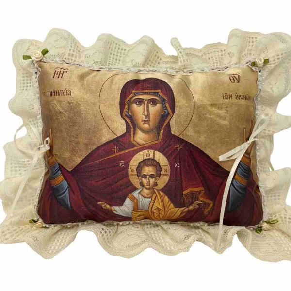 Orthodox ring bearer pillow with Mother of God icon – elegant religious wedding accessory with a sacred design, perfect for Orthodox Christian ceremonies.