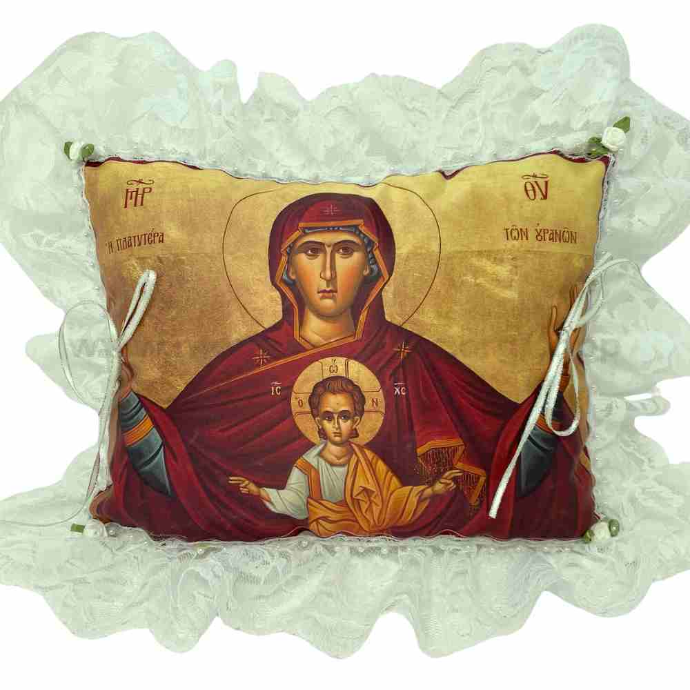Orthodox ring bearer pillow with Mother of God icon – elegant religious wedding accessory with a sacred design, perfect for Orthodox Christian ceremonies.