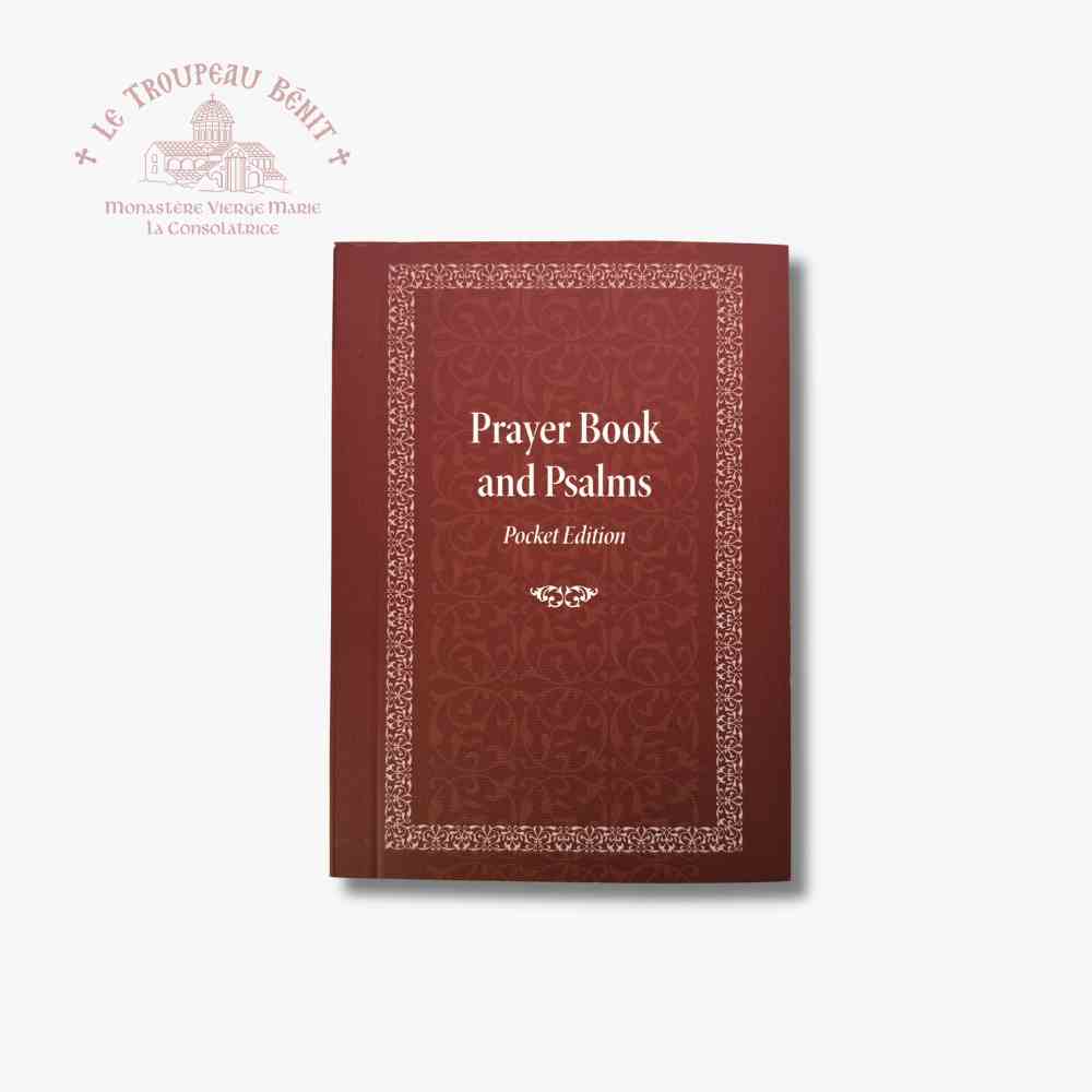 Red pocket orthodox prayer book titled 'Prayer Book and Psalms' on a white background  with 'Troupeau Benit' logo branding