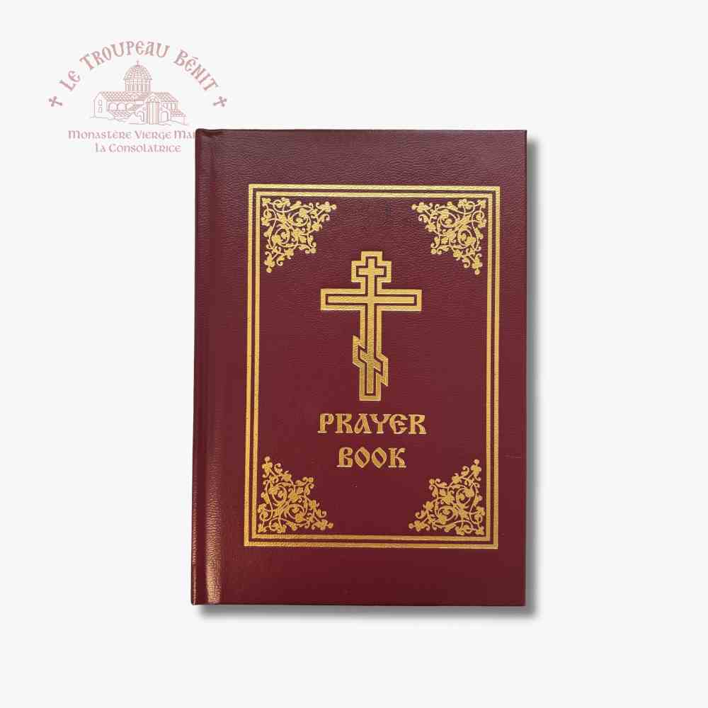 Maroon prayer book with gold cross and text on a white background with 'Troupeau Benit' logo branding
