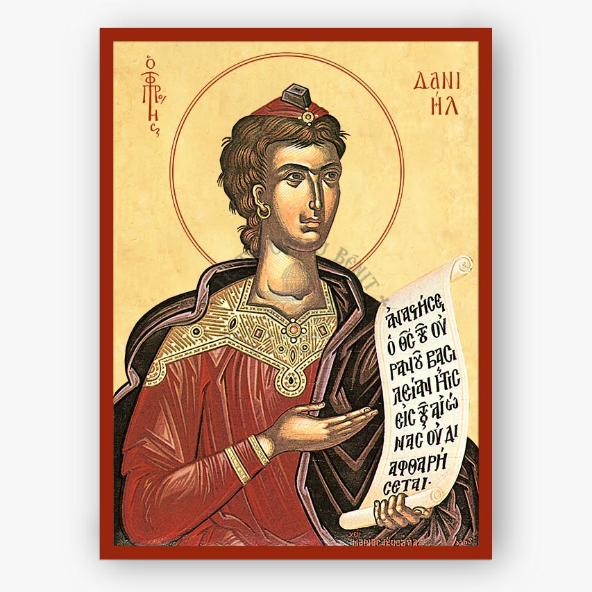 Icon of Prophet Daniel holding a scroll with text on a beige background