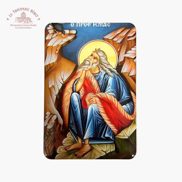 Decorative panel with a religious figure and angel on a white  background with 'Troupeau Benit' logo branding