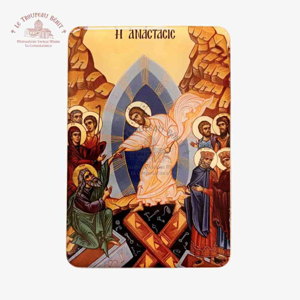 Decorative card with religious artwork featuring the Resurrection of Christ and other figures, with a visible brand logo of 'Troupeau Benit' at the top left corner.