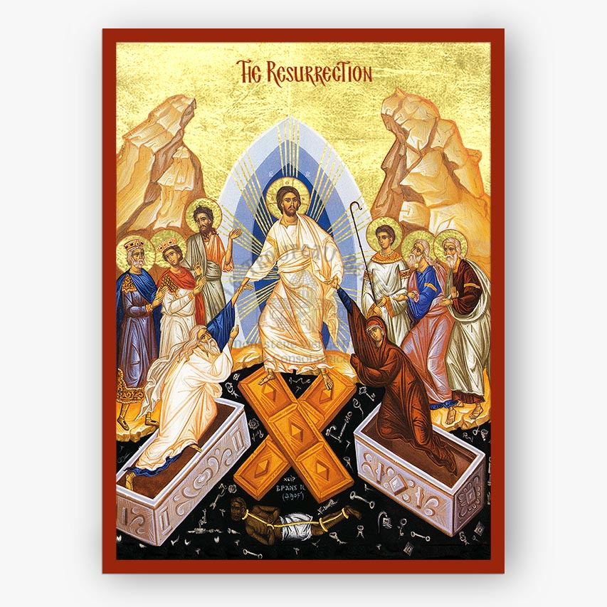 Icon of the Resurrection with figures around a cross, set against a gold background.