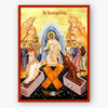 Icon of the Resurrection with figures around a cross, set against a gold background.