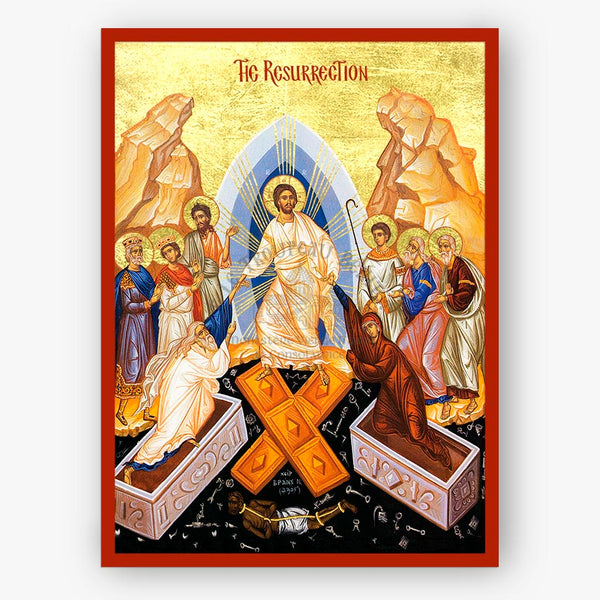 Icon of the Resurrection with figures around a cross, set against a gold background.