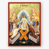 Decorative panel with religious iconography featuring the Resurrection of Christ and surrounding figures on a beige background.