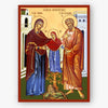 Icon of a religious scene with two figures and a child, set against a decorative background.