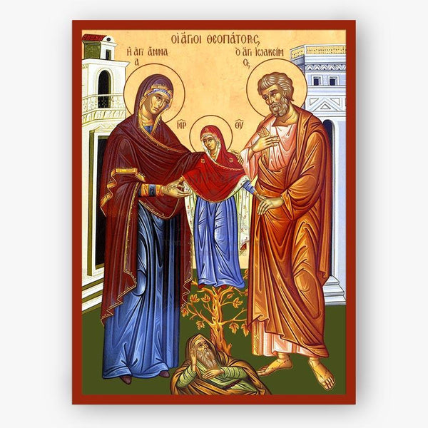 Icon of a religious scene with two figures and a child, set against a decorative background.