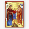 Icon of a religious scene with two main figures and a child, set against a decorative background.