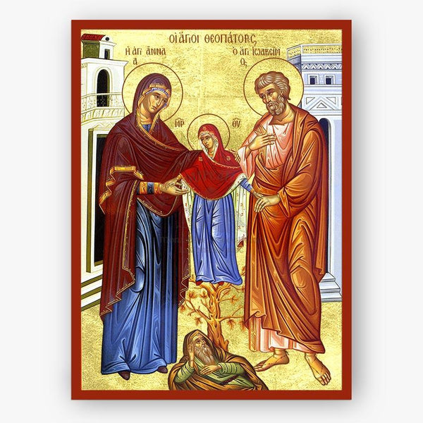 Icon of a religious scene with two main figures and a child, set against a decorative background.