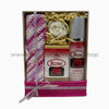 Gift set with a knitted wash cloth, goat milk soap, and lotion in a decorative box.