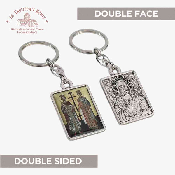 Double sided keychain with Saints Constantine & Helen and Christ with visible 'Troupeau Benit' logo branding