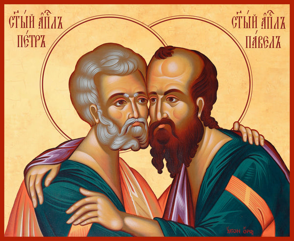 Icon of Saints Peter and Paul embracing each other on a beige background and a red border