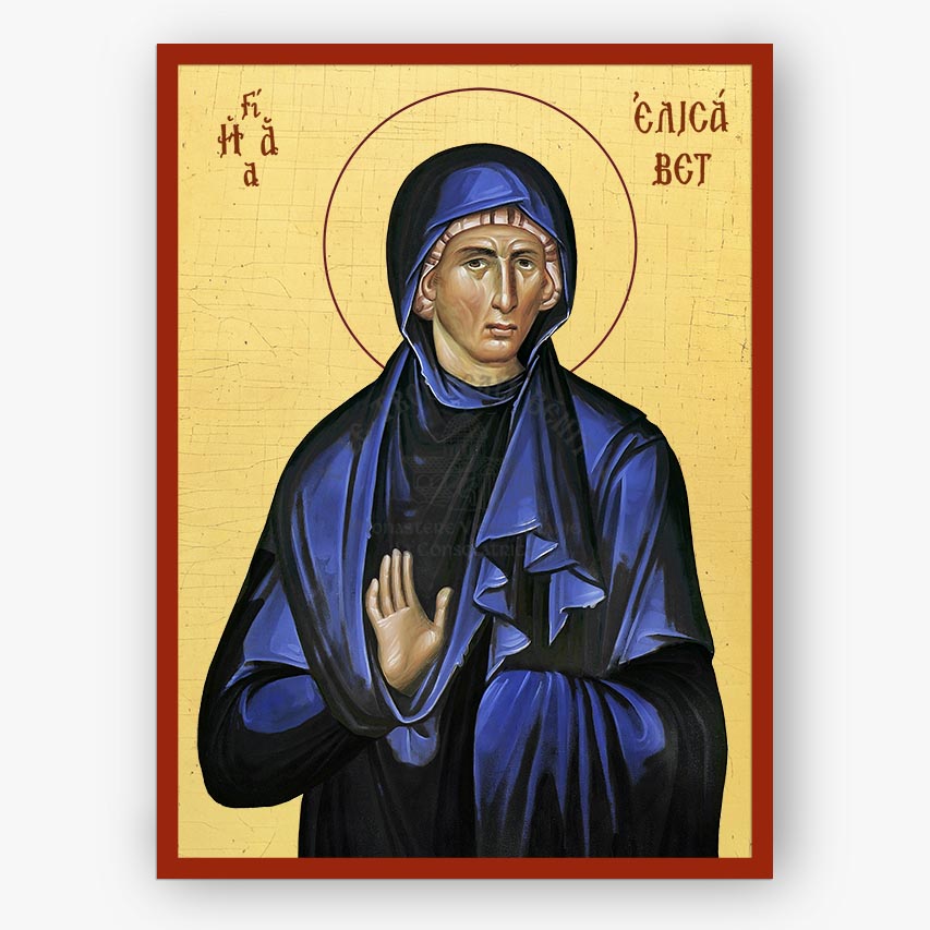 Icon of Saint Elizabeth in blue and black robes with a gold background
