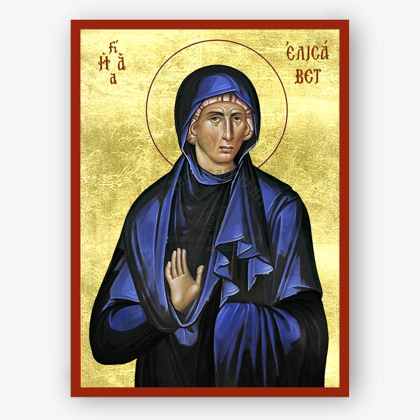 Icon of Saint Elizabeth in blue and black robes with a gold background