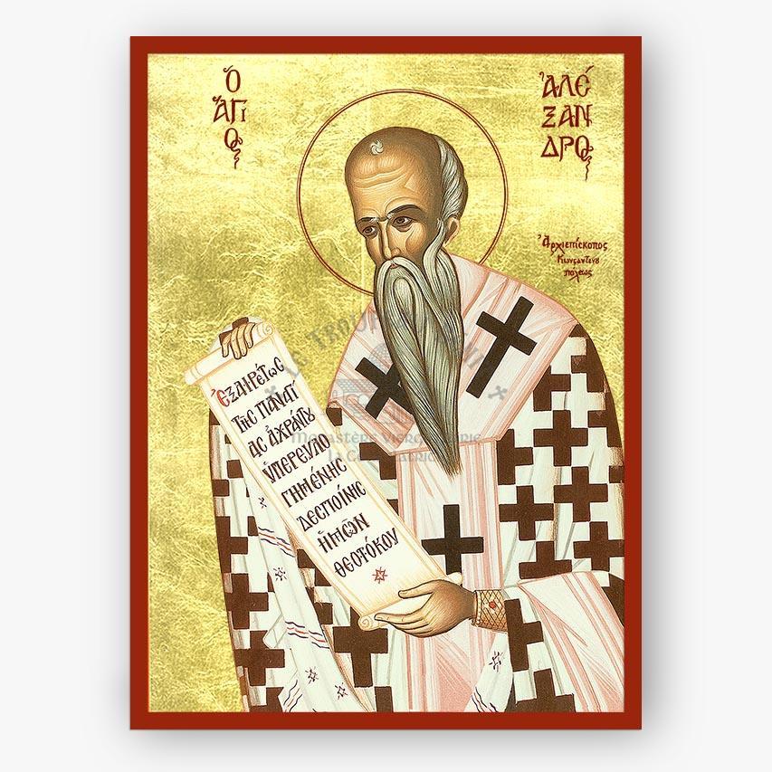 Icon of Saint Alexander holding a book with gold background