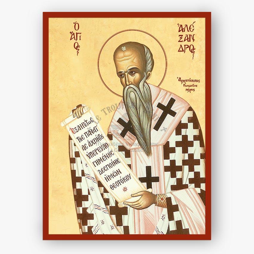 Icon of Saint Alexander  holding a book with text, framed with decorative elements.