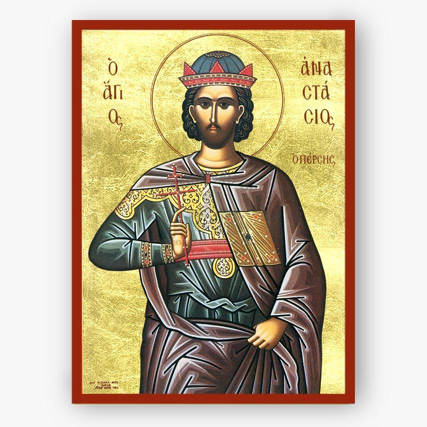 Icon of Saint Anastasios the Persian with a red border and with a gold background 