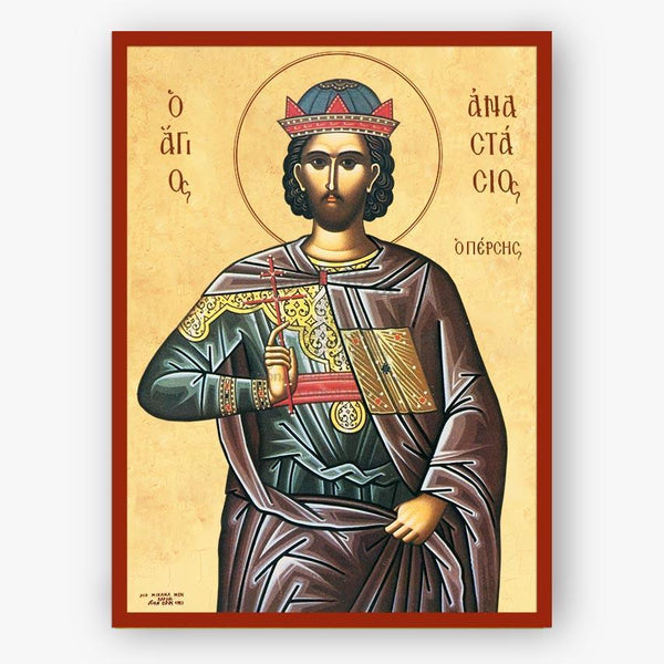 Icon of Saint Anastasios the Persian with a red border on a beige background