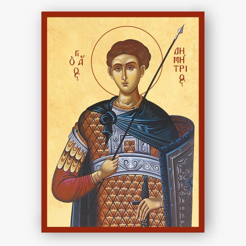Icon of Saint Demetrios holding a spear with a red border
