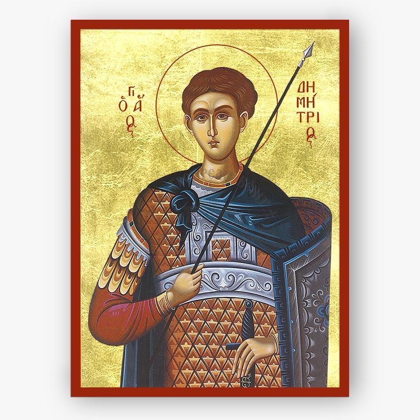 Icon of Saint Demetrios holding a spear on a gold background