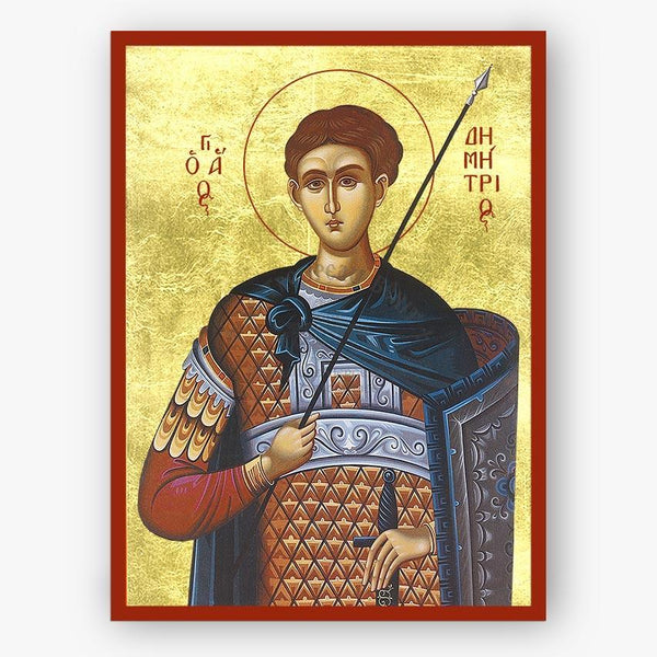 Icon of Saint Demetrios holding a spear on a gold background