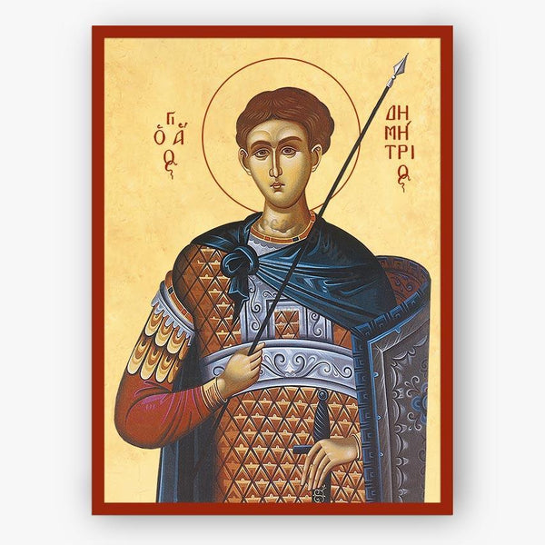 Icon of Saint Demetrios holding a spear with a red border