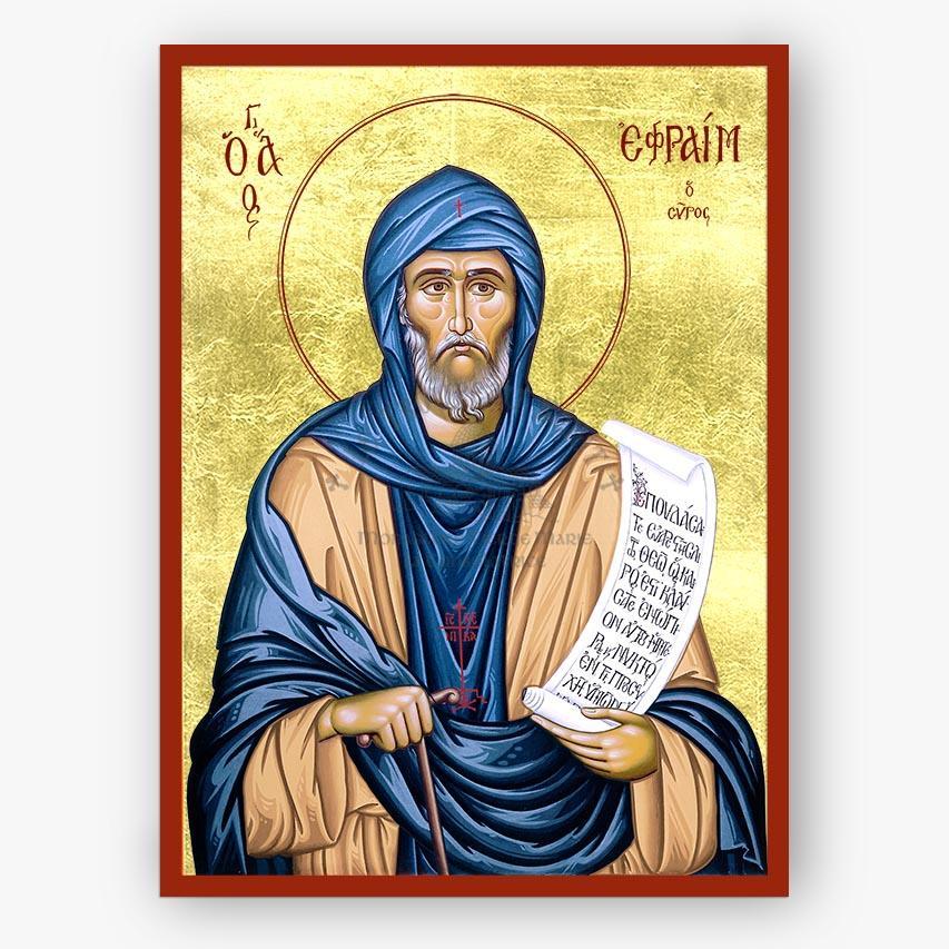 Icon of Saint Ephraim the Syrian in blue robes holding a scroll on a gold background