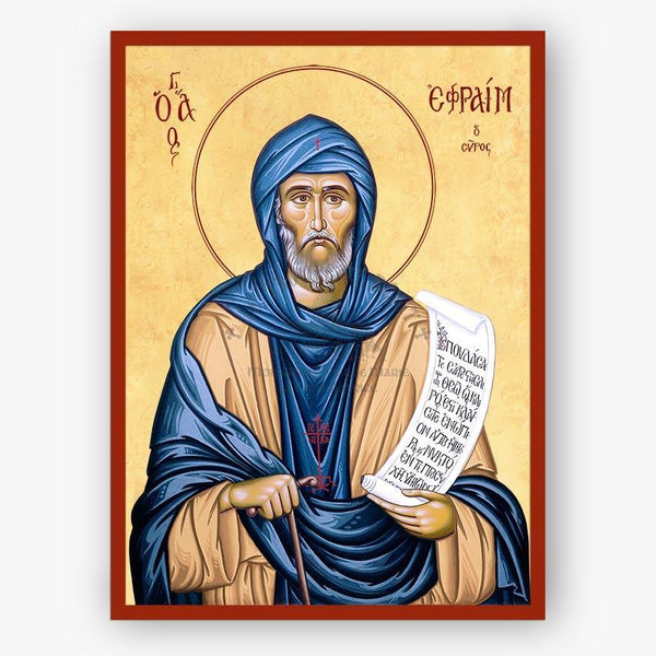 Icon of Saint Ephraim the Syrian in blue robes holding a scroll on a beige background