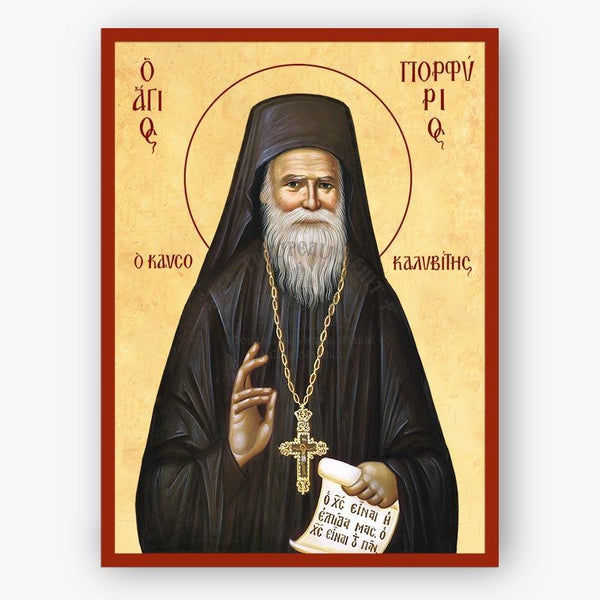 Icon of Saint Porphyrios with a cross and text on a beige background