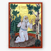 Icon of Saint Seraphim of Sarov kneeling on a stone with his hands raised in prayer in a forest with trees and a cabin in the background