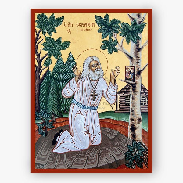 Icon of Saint Seraphim of Sarov kneeling on a stone with his hands raised in prayer in a forest with trees and a cabin in the background